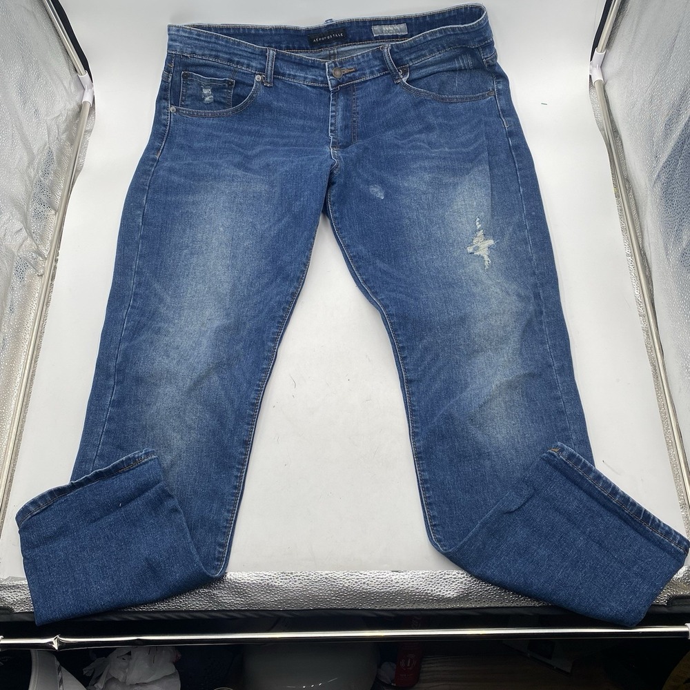 Aeropostale Super Skinny Denim Jeans Distressed Mens Size 38 X 30 Dark Wash